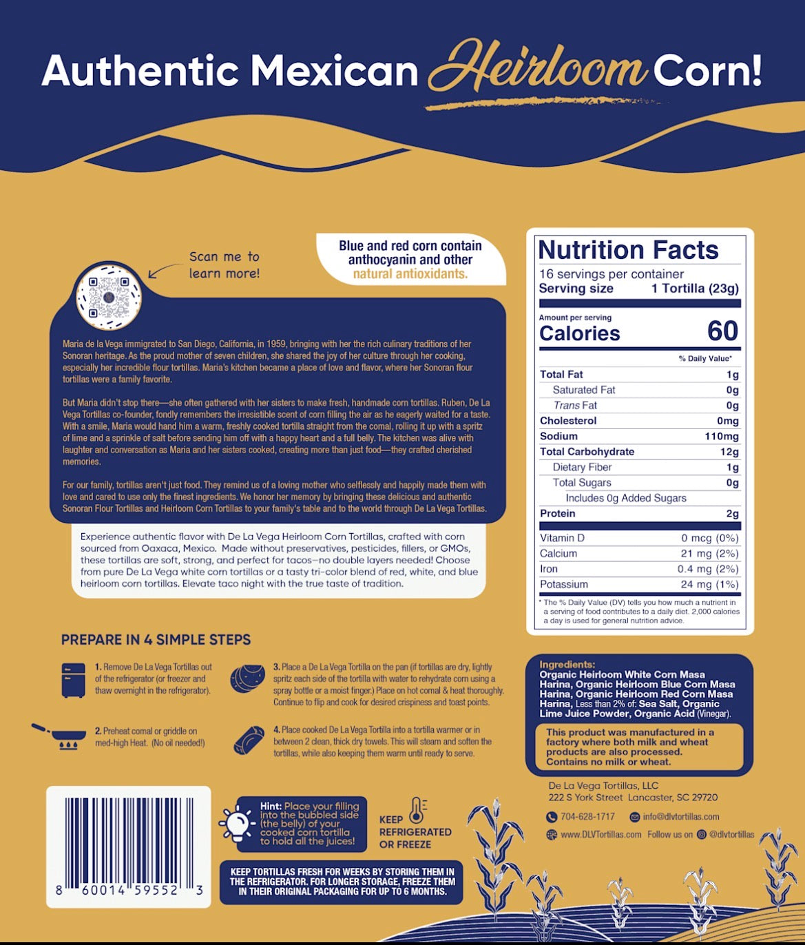 Fresh TRI-COLOR Heirloom Corn Tortillas